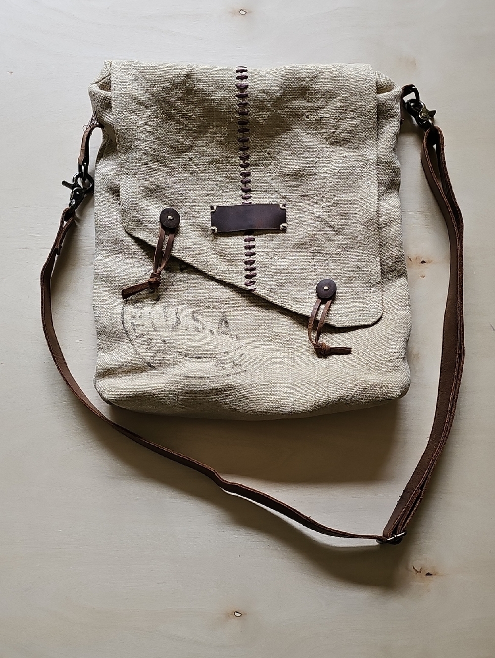 Myra Bag Natural Canvas Crossbody with Brown Leather Trim